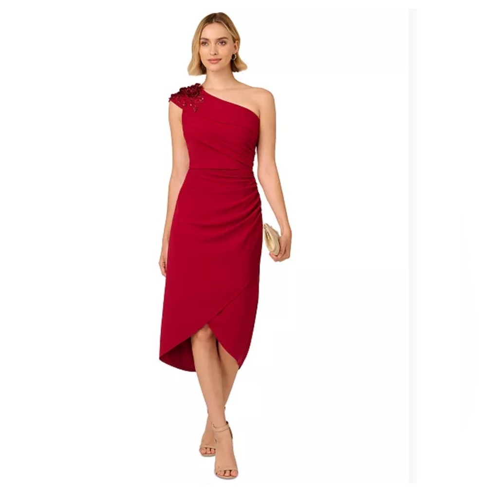 Adrianna Papell One-Shoulder Red Cocktail Dress with Floral Shoulder Applique